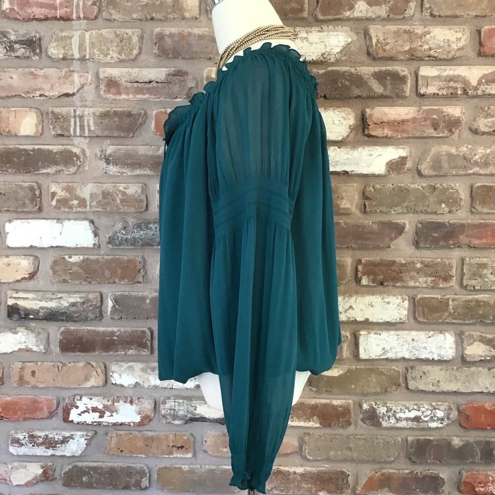 EXPRESS Women's Teal Long Sleeve Peasant Tie V-neck Blouse Top M - Picture 3 of 6